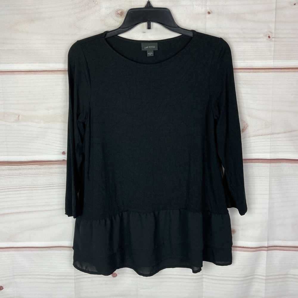 J. Jill Top Womens XS Black Wearever Woven‎ Peplum Hem 3/4 Sleeve Long Sleeve
